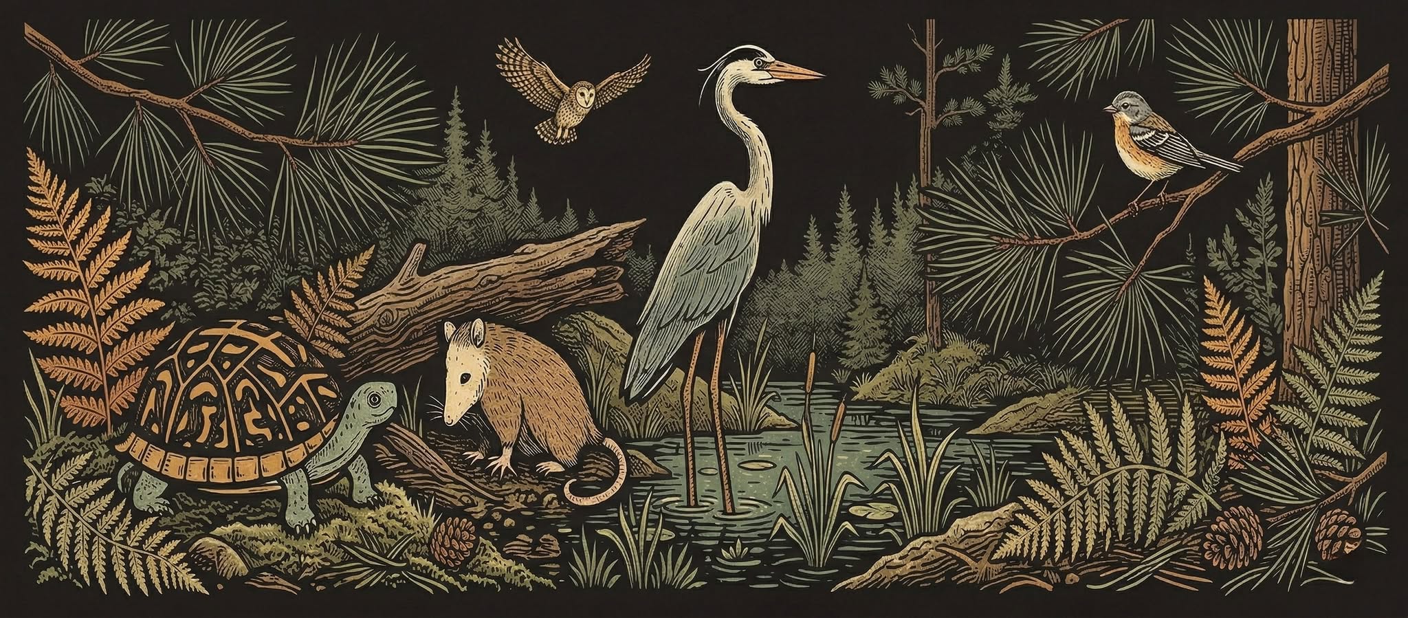 Illustrated scene of North Carolina Piedmont wildlife including a great blue heron, barred owl, Virginia opossum, eastern box turtle, and a Carolina wren in a forest wetland